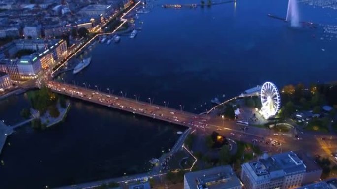 Aerial view of beautiful night of Geneva old city