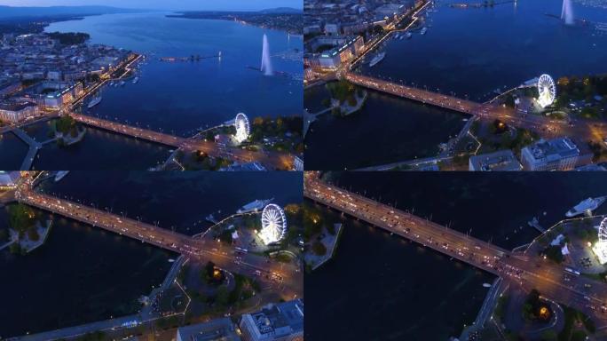 Aerial view of beautiful night of Geneva old city