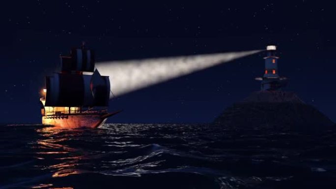 一艘古老的木制战舰的3D动画在靠近灯塔的夜晚航行