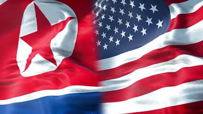一半朝鲜国旗和一半美国国旗，危机美国国家外交和朝鲜核原子弹风险战争概念