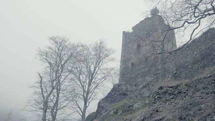 中世纪城堡的废墟。巨大的防御工事塔。