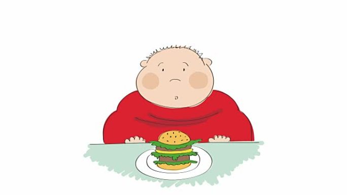 动画的一个胖子的汉堡坐在快餐中，试图决定是否吃它，动画手绘卡通人物。