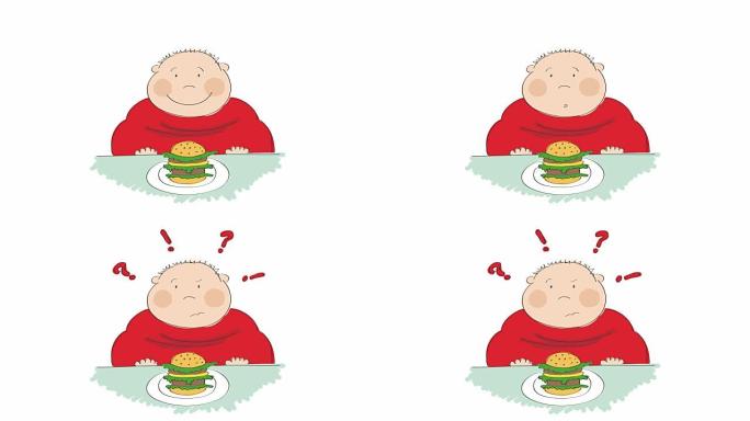 动画的一个胖子的汉堡坐在快餐中，试图决定是否吃它，动画手绘卡通人物。