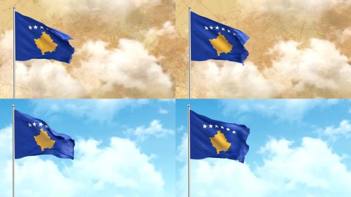 科索沃3D旗帜的历史背景，然后蓝天背景