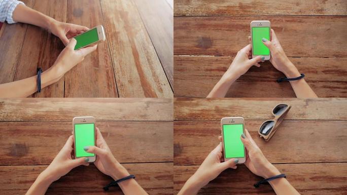 女人在咖啡馆的木桌上使用带有绿屏的智能手机，拍摄9张照片