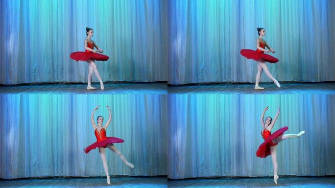 芭蕾彩排，在老剧院大厅的舞台上。年轻的芭蕾舞演员穿着红色芭蕾舞短裙和脚尖鞋，优雅地跳舞某些芭蕾舞动作