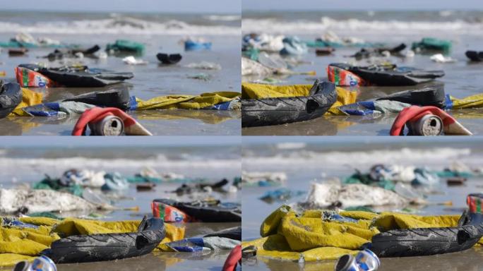 海上背景上海边的垃圾和垃圾的手持特写镜头