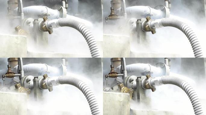 工业工厂液氮泵的重型管道和管道连接。4k分辨率，