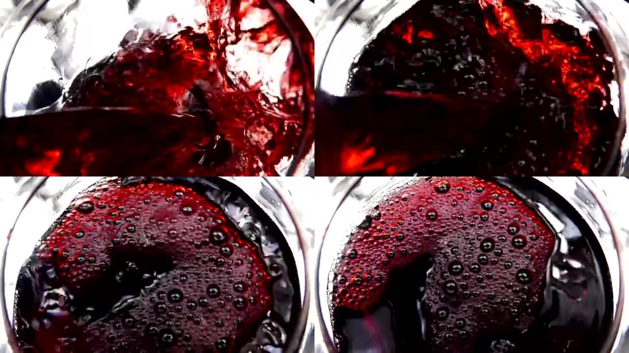 葡萄酒，果汁倒入玻璃，慢动作