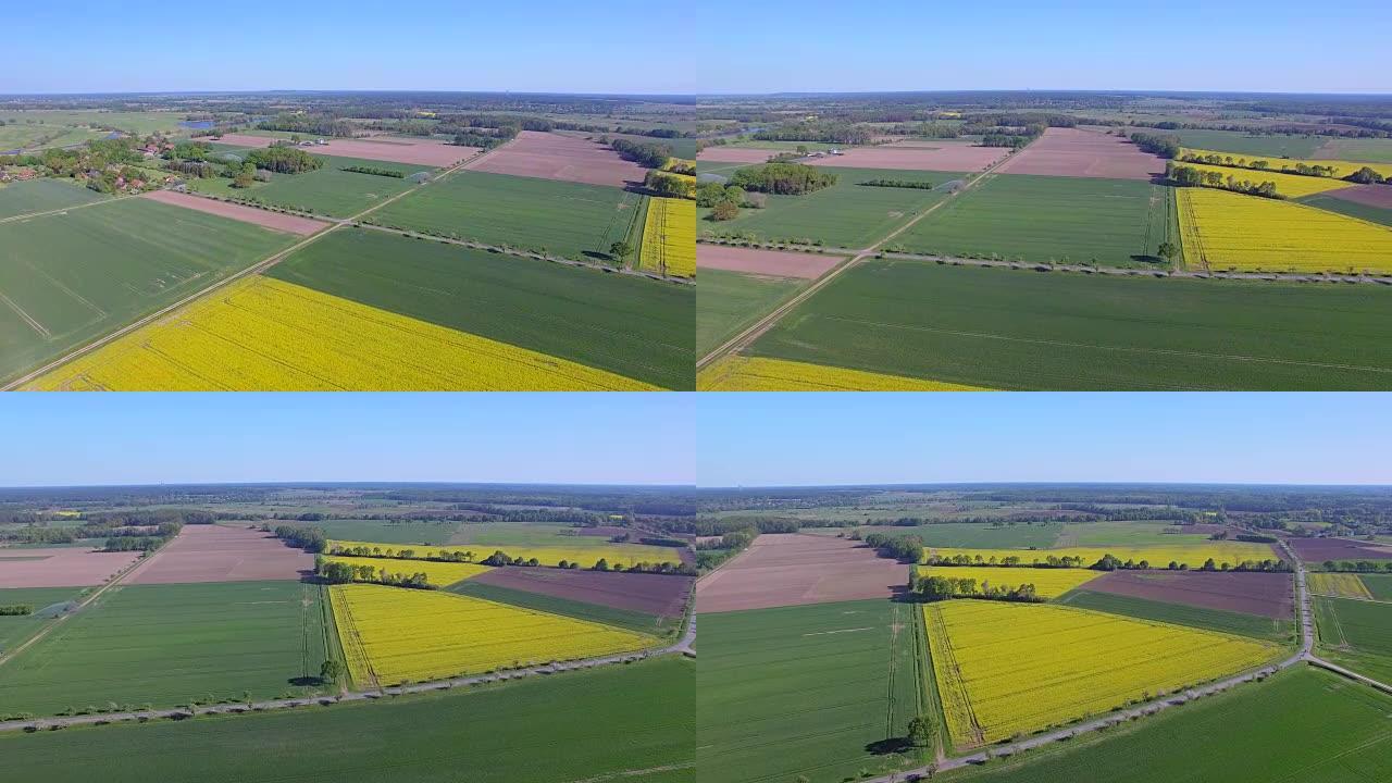 德国下萨克森州吕乔-丹嫩贝格区Damnatz附近的油菜籽田和易贝河耕地的鸟瞰图