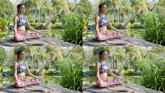 Yoga at park, Young Asian woman in pose sitting  l