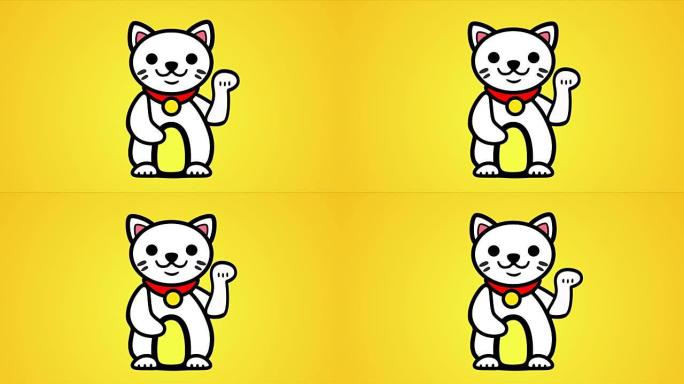 4K Maneki Neko动画与黄色背景-可循环
