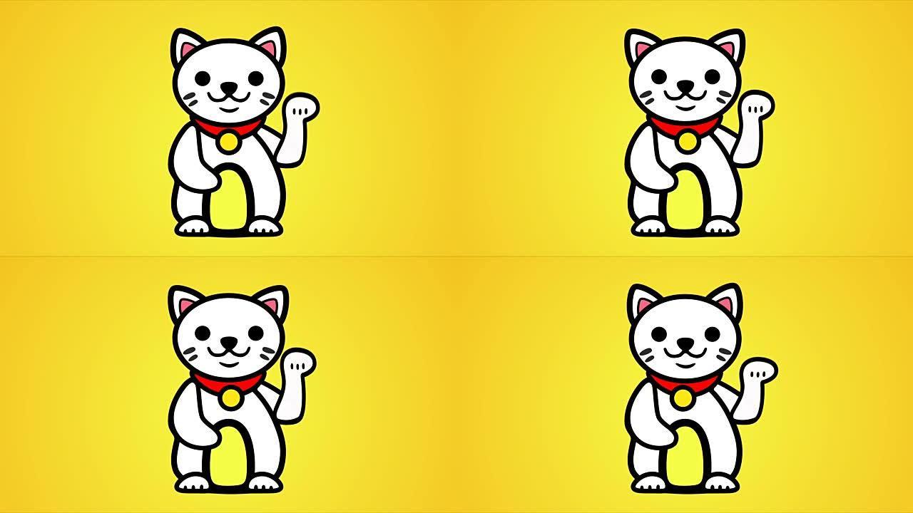 4K Maneki Neko动画与黄色背景-可循环
