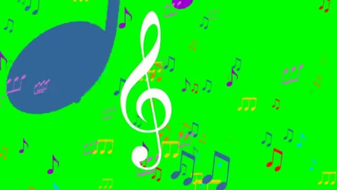 绿色屏幕上的彩色音乐动画。飞扬的彩色音符，白色高音谱号符号漂浮在前景中