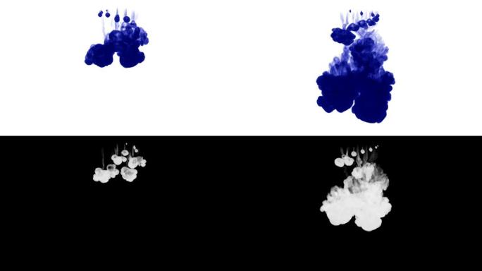 白色背景上的大量深蓝色墨水从上到下依次溶解在水中。侧视图。作为阿尔法通道使用亮度哑光