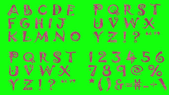 动画标记绘制非洲字体孤立在色度键绿色屏幕背景动画所有字母、标点符号和数字-新质量动态卡通快乐彩色傻瓜