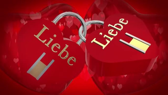 情人节，两个带有德语单词liebe的心形红色挂锁，两个跳动的红色3D心脏和移动的心形颗粒在背景中