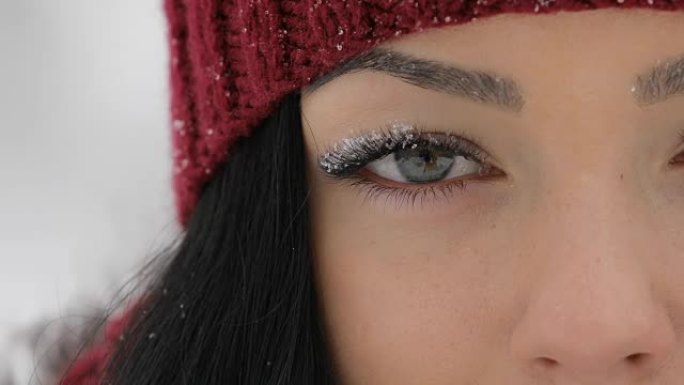 Close-up woman's green eyes blinking with snow on 