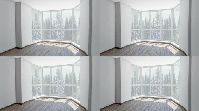 从明亮房间的凸窗看降雪背景冬季森林。背景板，色度键视频背景。
