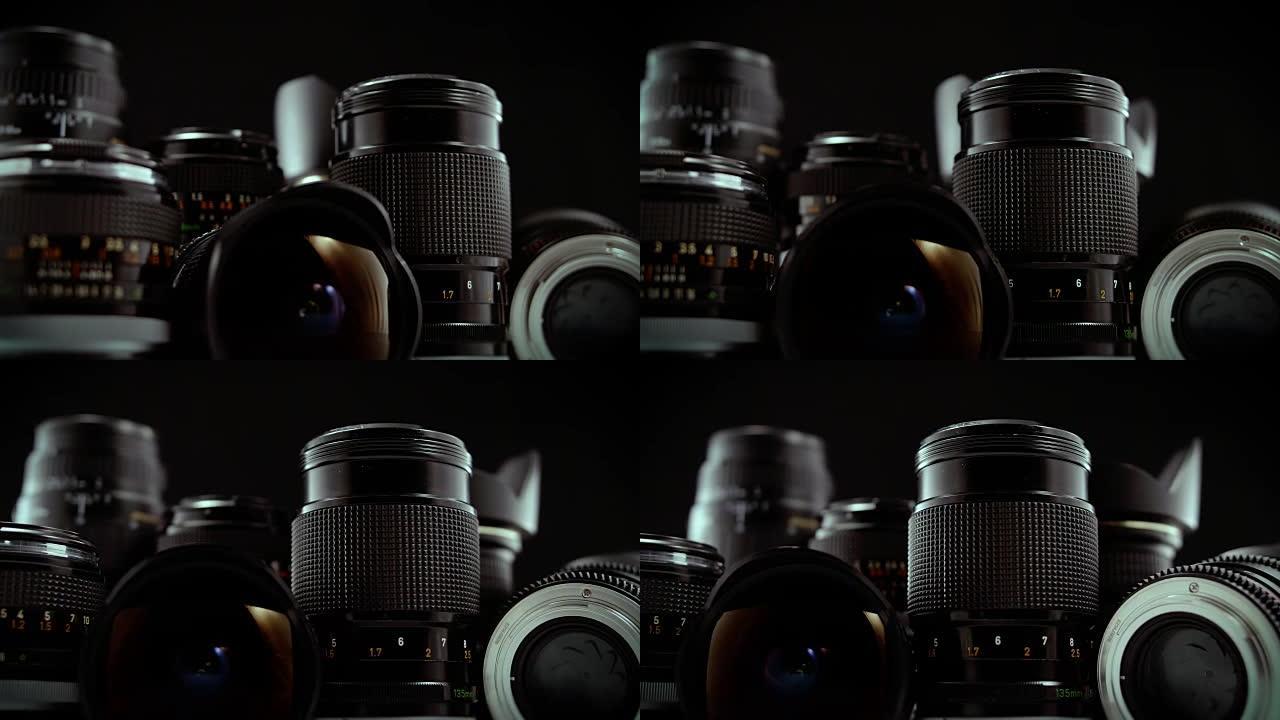 黑色背景上的微距相机镜头旋转显示