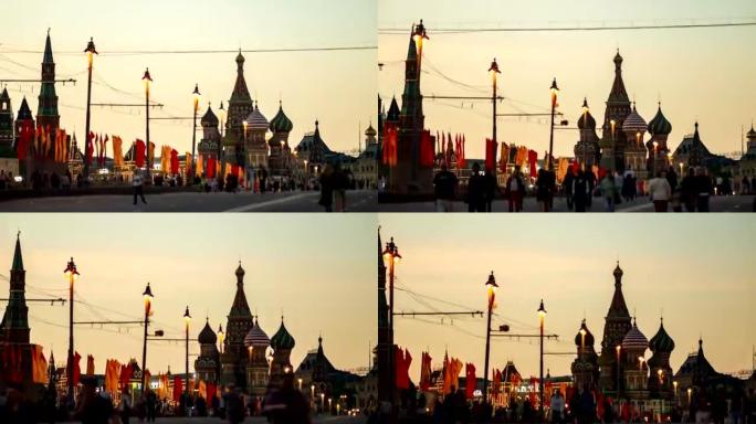 5月9日，人们在莫斯科大修桥上欣赏圣巴西尔大教堂的夜景