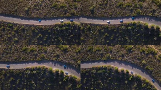 Aerial view of cars on a single road