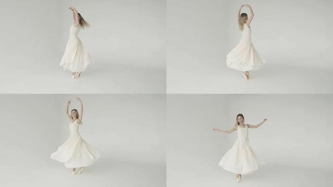 穿着轻盈的芭蕾舞女演员在白色背景上的尖尖上踮起脚尖跳舞。慢动作