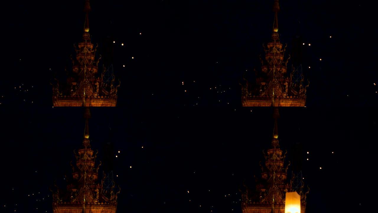 泰国清迈府易鹏节古庙上的浮灯