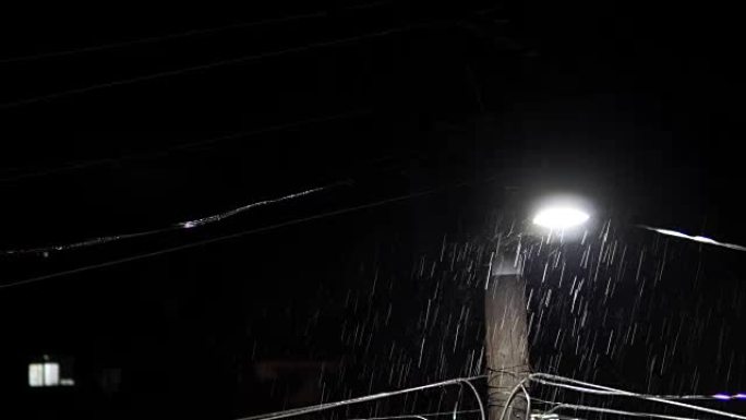 夜间大雨，电柱灯。逼真的雨滴，带雷光打击，背景循环，包括声音