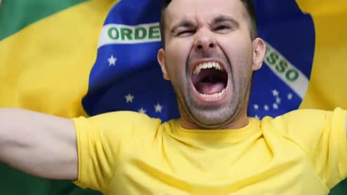 巴西球迷庆祝举着巴西国旗慢动作，4k，高品质