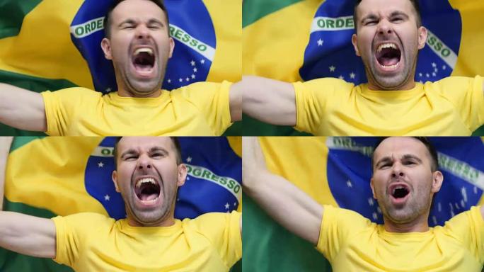 巴西球迷庆祝举着巴西国旗慢动作，4k，高品质