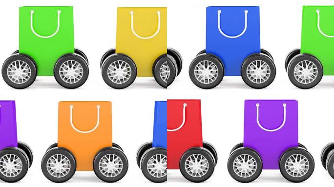 带汽车车轮的购物袋，动画。白色背景上孤立的3D渲染