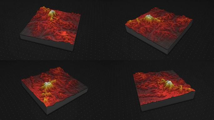 土壤切片的3d渲染，山脉孤立在黑暗背景上。