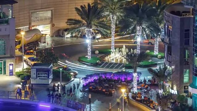 迪拜码头喷泉夜晚延时，码头长廊