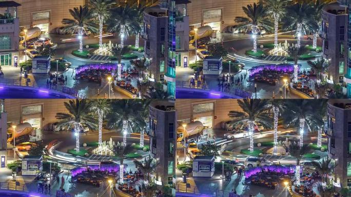 迪拜码头喷泉夜晚延时，码头长廊