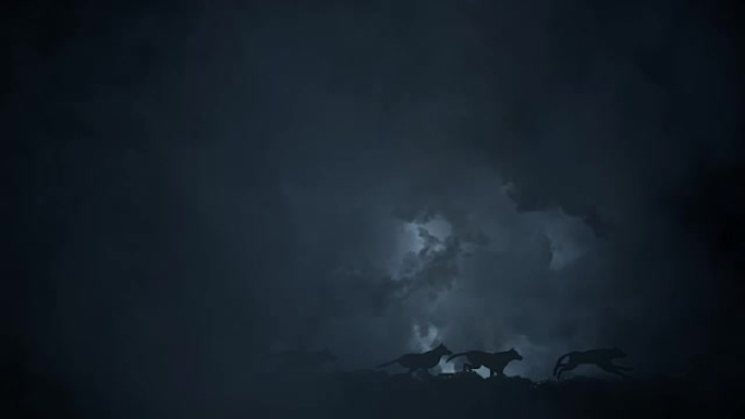 一群狼在史诗般的闪电风暴中奔跑