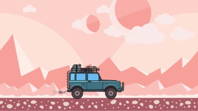 动画SUV汽车，行李箱在车顶行李箱上骑行穿越外星沙漠景观。在粉红山沙漠背景上移动越野车。平面动画。