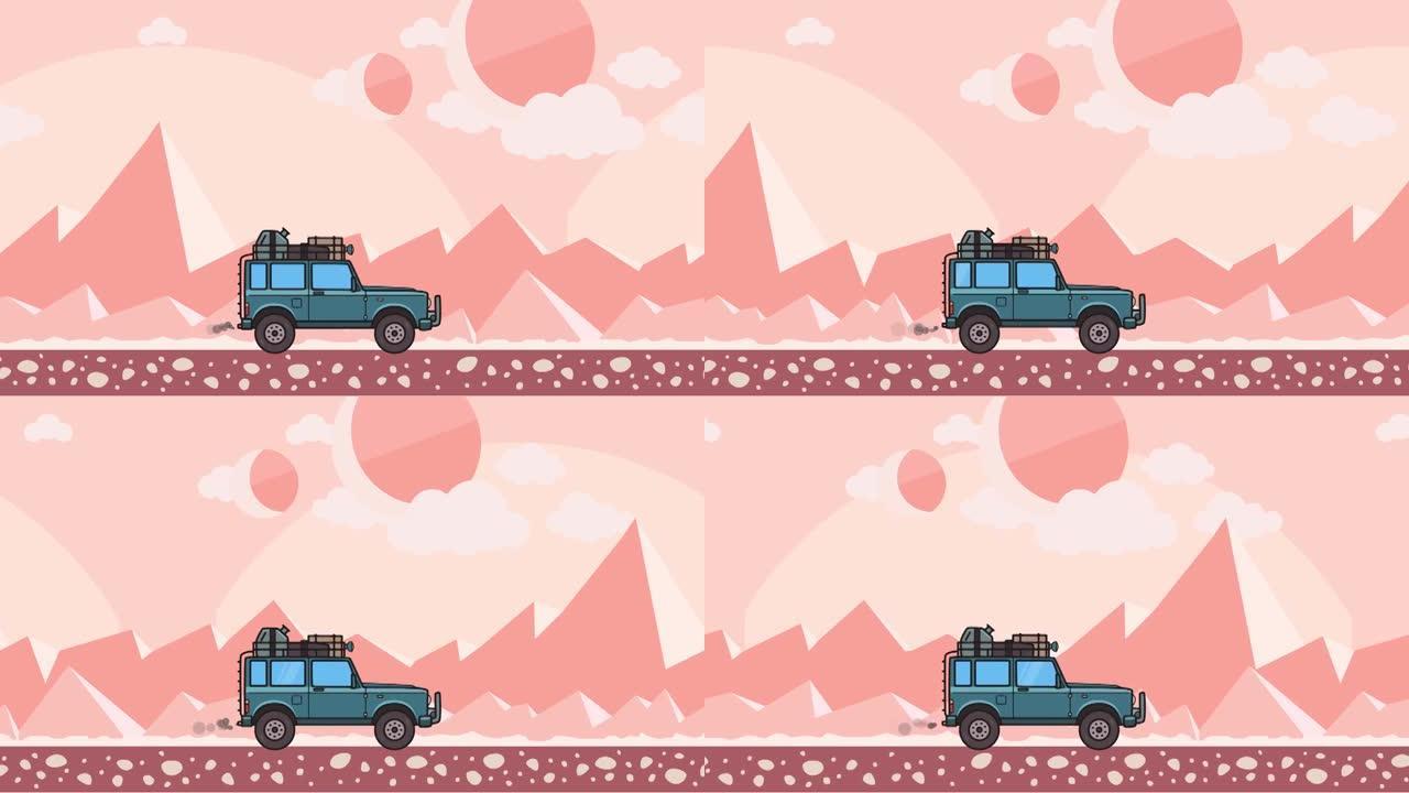 动画SUV汽车，行李箱在车顶行李箱上骑行穿越外星沙漠景观。在粉红山沙漠背景上移动越野车。平面动画。