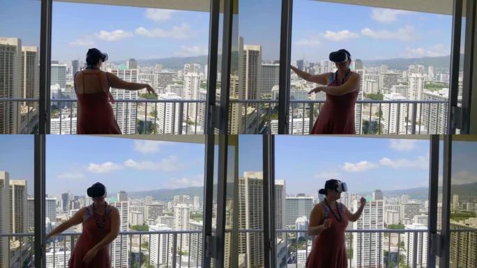 女人在虚拟现实眼镜中玩游戏，在4k慢动作中跳舞草裙舞