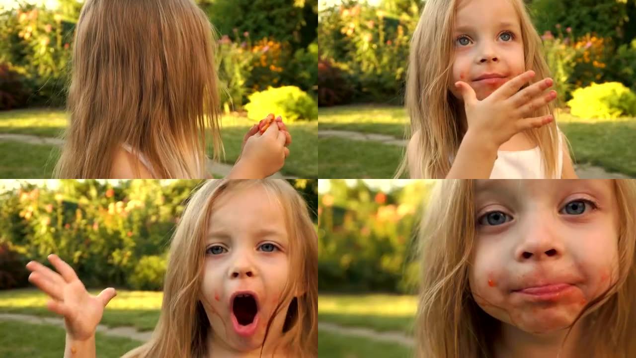 小女孩高兴地吃西红柿