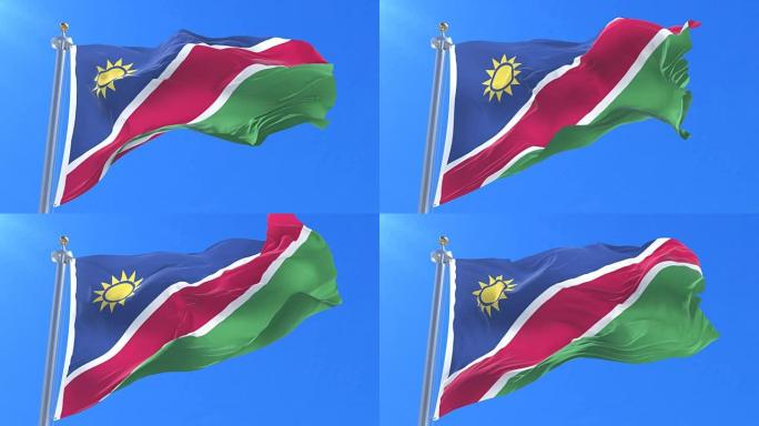 纳米比亚国旗在蓝天下缓慢地挥舞着风，循环