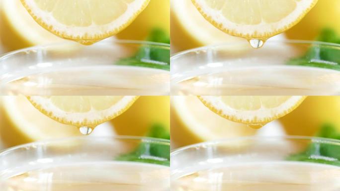成熟柠檬片上果汁滴的特写全高清视频