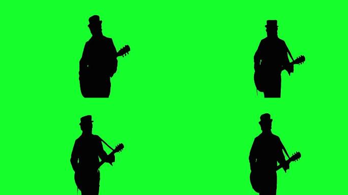 帽子上的酷摇滚吉他手在绿色屏幕上弹奏原声吉他。