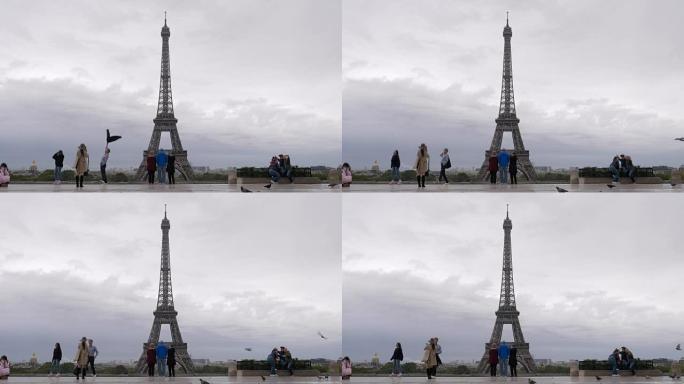 观看点的城市游客在巴黎埃菲尔铁塔拍摄