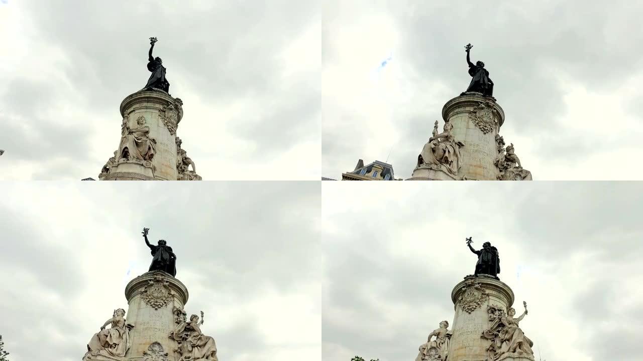 巴黎。共和国广场。玛丽安手持橄榄枝的青铜雕像