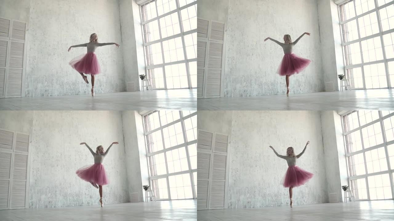 优雅的年轻芭蕾舞演员在经典的芭蕾舞短裙中跳舞，并在大窗户的背景下跳舞
