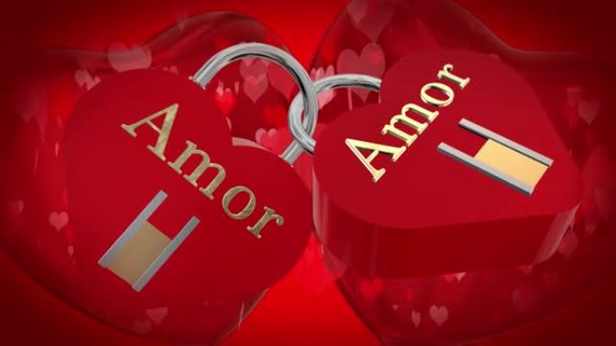 情人节，两个带有西班牙语单词amor的心形红色挂锁，两个跳动的红色3D心脏和移动的心形颗粒在背景中