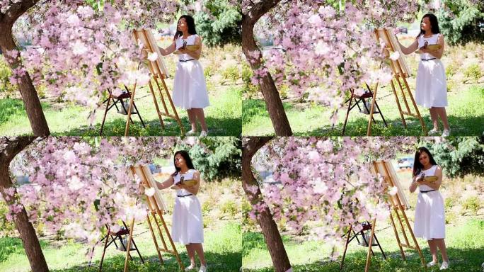 一位穿着白色连衣裙的美女画家，艺术家在盛开的春天苹果园里画了一幅鲜花，她手里拿着颜料和画笔的调色板