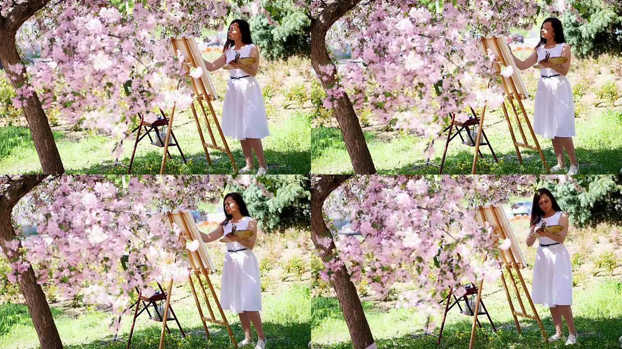 一位穿着白色连衣裙的美女画家，艺术家在盛开的春天苹果园里画了一幅鲜花，她手里拿着颜料和画笔的调色板