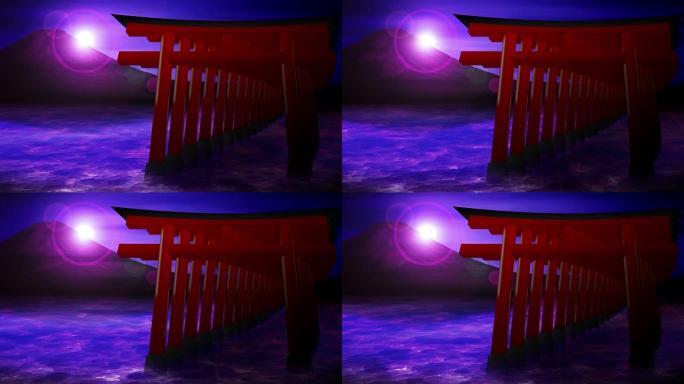 日本的红鸟居门，湖上的富士山，循环动画，
